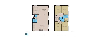 A floor plan of a two-story house with two bedrooms and two bathrooms.