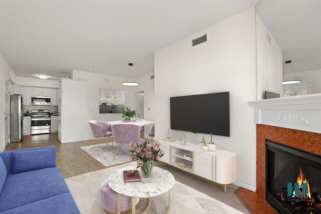 Kitchen, Dining, and Living Room with Electric Fireplace