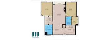 A floor plan of a home with a living room, dining room, kitchen, and two bedrooms.