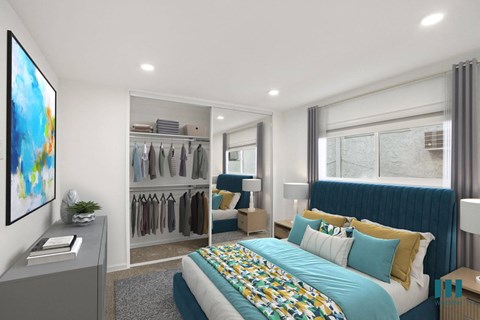 Spacious Bedroom with Vinyl Flooring and Mirrored Closet