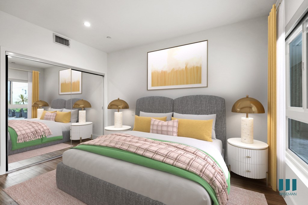 Bedroom with Large-Sixe Windows, Vinyl Flooring, and Mirrored Closet Bedroom with Large-Sixe Windows, Vinyl Flooring, and Mirrored Closet