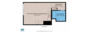 A floor plan shows a kitchen, living room, dining room, bathroom, and closet with their respective dimensions.