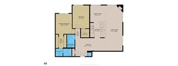 A floor plan of a house with a living room, dining room, kitchen, and several bedrooms.