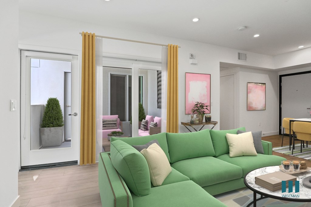 Living Room with Vinyl Flooring, Recessed Lighting, and a Patio