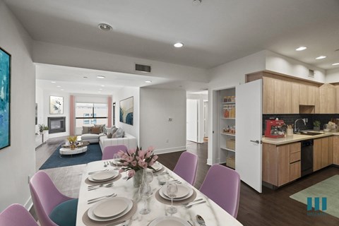Open-Concept Kitchen, Dining, and Living Room with Hall Closet with Shelving