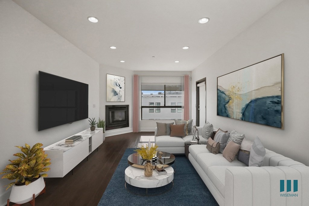 Living Room with Electric Fireplace, Recessed Lighting, Vinyl Flooring, and Large Windows