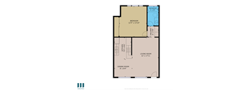 A floor plan of a room with a bedroom, living room, kitchen, and dining room.