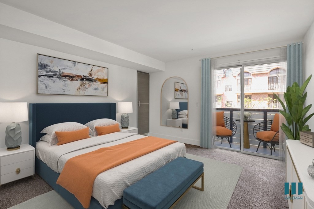 Bedroom with Built-In Storage Cabinets and Patio