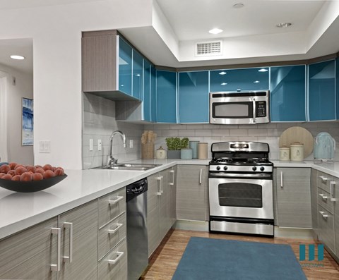 a kitchen with stainless steel appliances and blue cabinets
