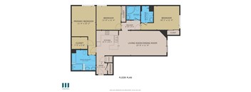 A floor plan of a house with a living room, dining room, kitchen, and three bedrooms.