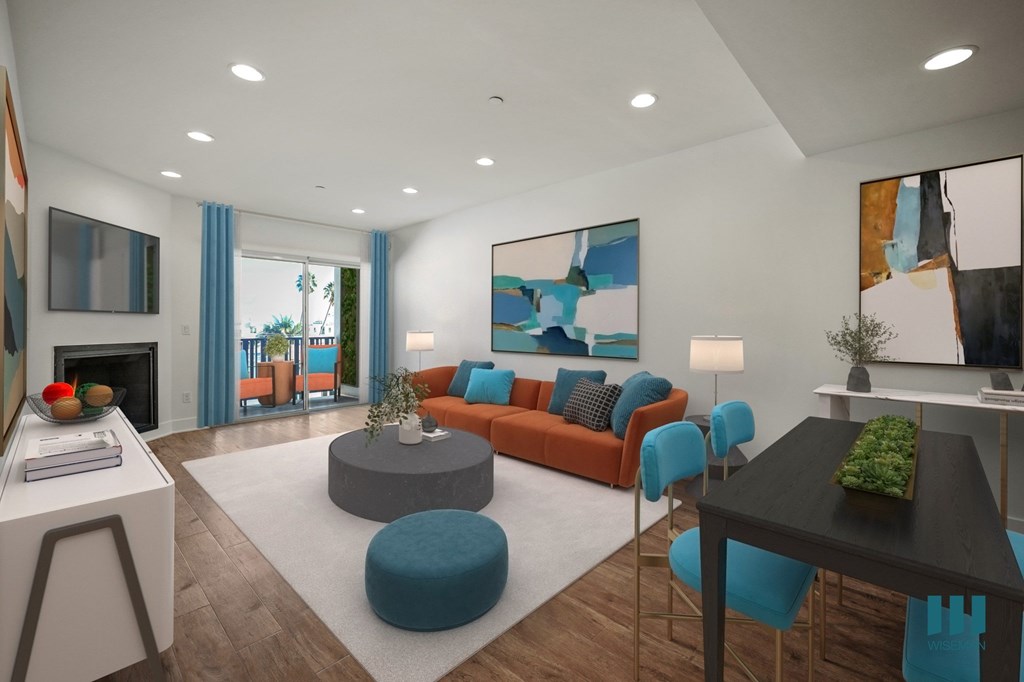 Large-Size Living Room with Fireplace, Vinyl Flooring, and Patio