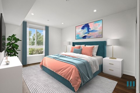 Bedroom with Large-Size Windows, Recessed Lighting, and Vinyl Flooring