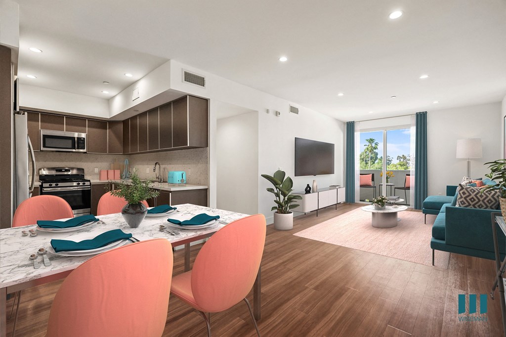 Kitchen, Dining, and Living Room Space with Patio