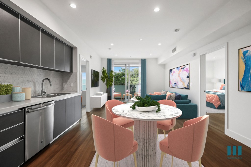 Open-Concept Kitchen, Dining, and Living Room with Patio