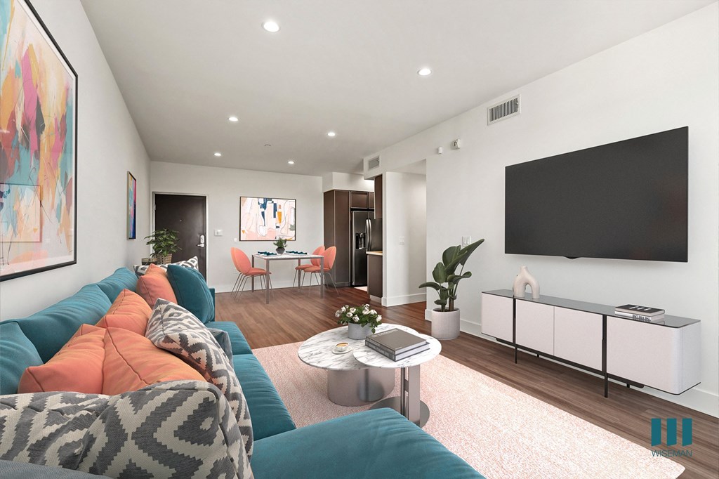 Living Room and Dining Area with Vinyl Flooring and Recessed Lighting