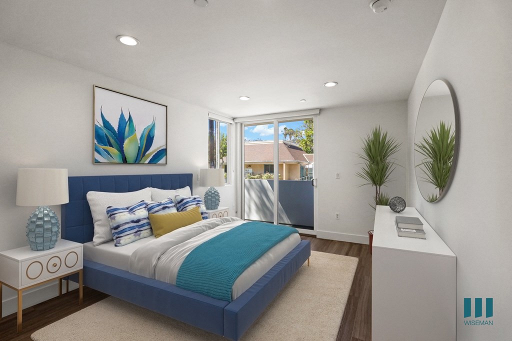 Bedroom with Recessed Lighting, Vinyl Flooring, and Balcony