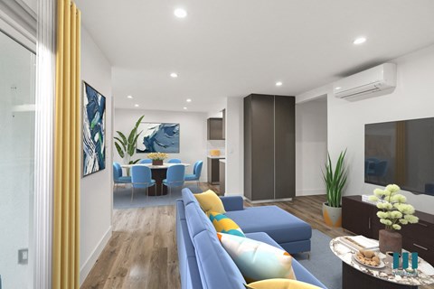 Open-Concept Dining and Living Room with Storage Cabinet and Patio