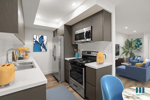 Kitchen with Stainless-Steel Refrigerator, Stove, Microwave Oven, and Patio