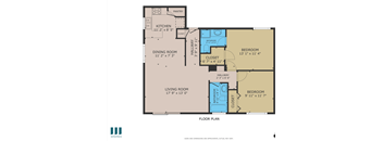 A floor plan of a house with a living room, dining room, kitchen, and two bedrooms.