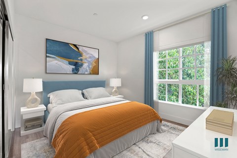 Bedroom with Large-Size Windows, Vinyl Flooring, and Recessed Lighting