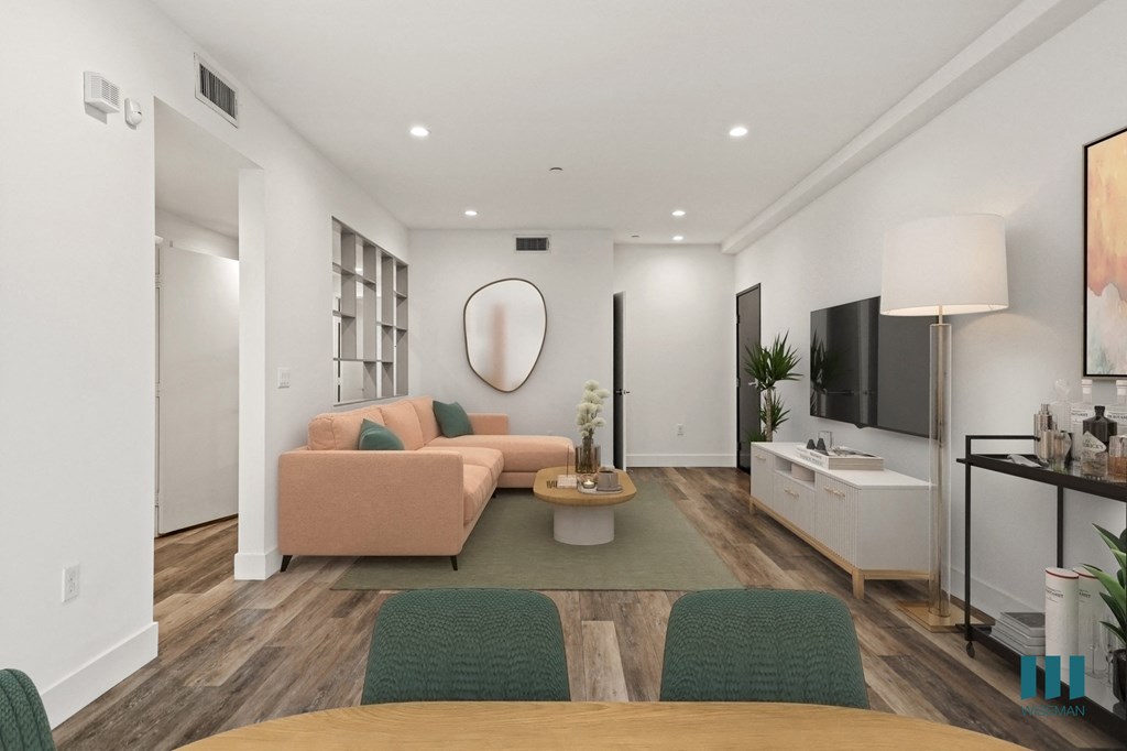 Open-Concept Dining and Living Room Space with Vinyl Flooring and Recessed Lighting Open-Concept Dining and Living Room Space with Vinyl Flooring and Recessed Lighting