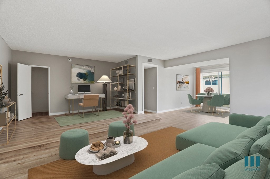 Open-Concept Dining, Living Room, and Office Space