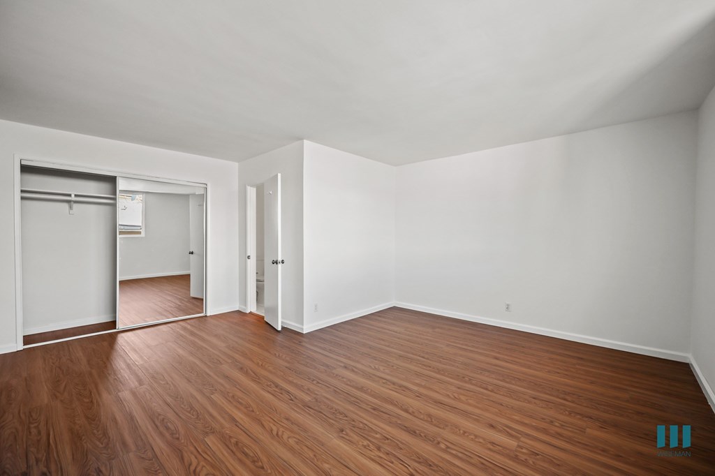 Large-Size Bedroom with a Mirrored Closet and Hardwood Flooring