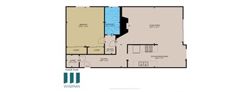 A floor plan of a room with a bedroom, living room, kitchen/dining room, and closets.