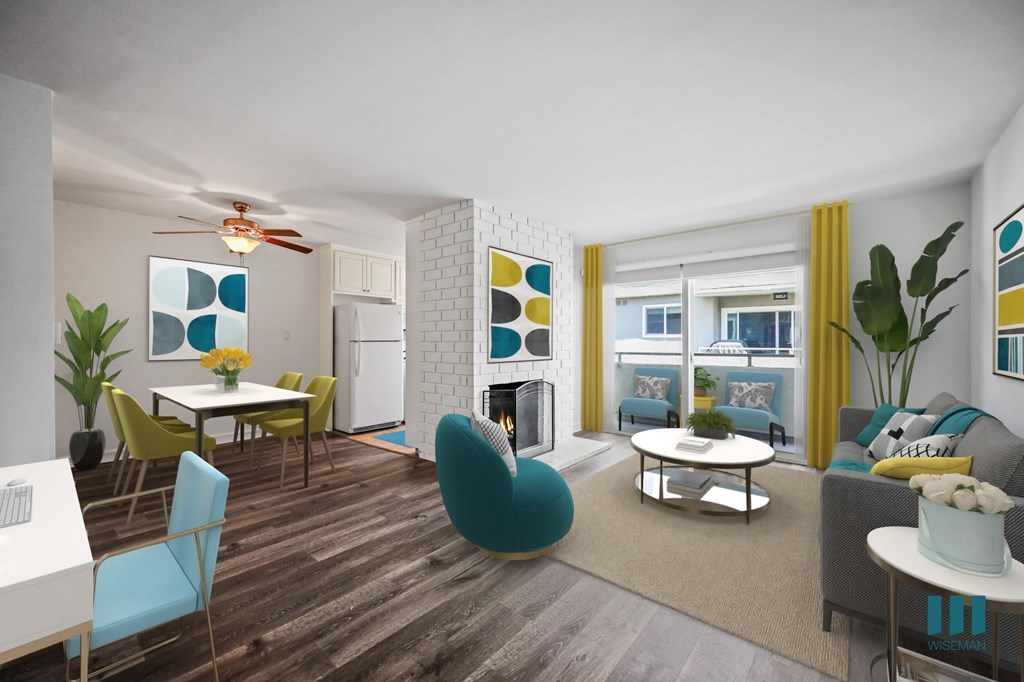 Open-Concept Dining and Living Room with Vinyl Flooring, Fireplace, and a Patio