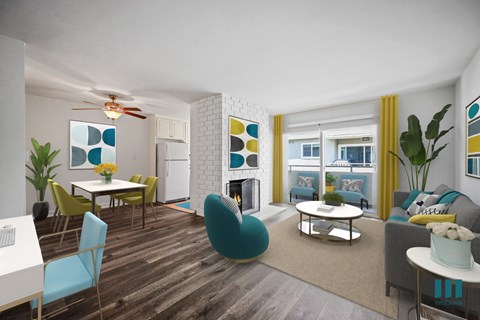 A modern living room with a dining table and chairs.