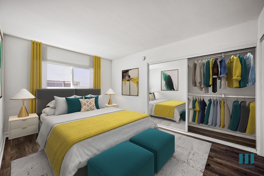 A bedroom with a bed, a bench, and a wardrobe with clothes.