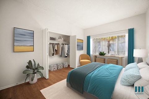 a bedroom with a bed and a closet