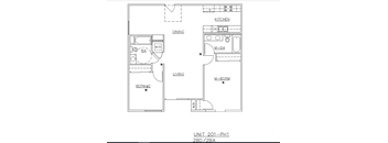 A floor plan of a living space with a kitchen, dining area, and living room.