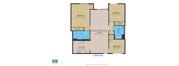 A floor plan of a home with three bedrooms, a living room, dining room, kitchen, and bathrooms.