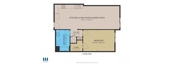 A floor plan of a small apartment with a kitchen, living room, dining room, bathroom, and bedroom.