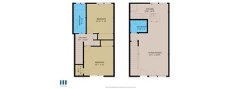 A floor plan of a two-bedroom apartment with a living/dining area and a bathroom.