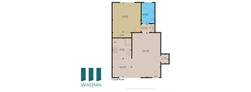 A floor plan for a home with a bedroom, bathroom, living room, kitchen, and closet.