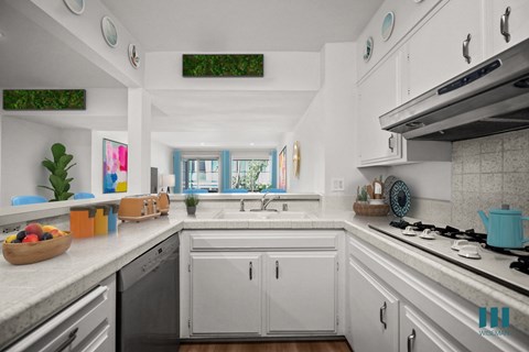 A kitchen with white cabinets and a black dishwasher.