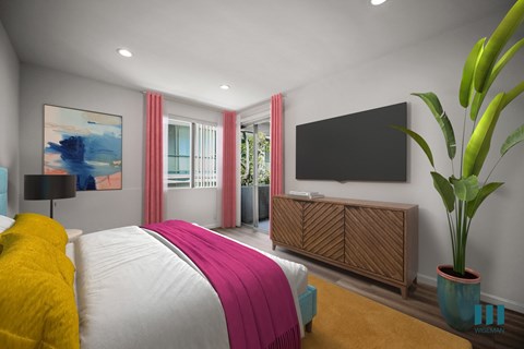 A bedroom with a large bed and a flat screen TV mounted on the wall.