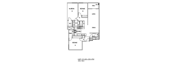 A floor plan of a unit with a living room, dining room, and kitchen area.
