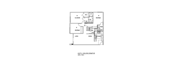 A floor plan of a residential unit with labeled rooms and appliances.