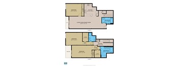 A floor plan for a two-story home with two bedrooms, two bathrooms, a living room, dining room, kitchen, and a balcony.