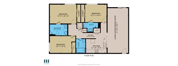 A floor plan of a house with four bedrooms, a bathroom, a kitchen, a dining room, and a hallway.