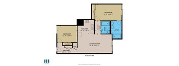 A floor plan of a home with a living room, two bedrooms, a kitchen, and a closet.