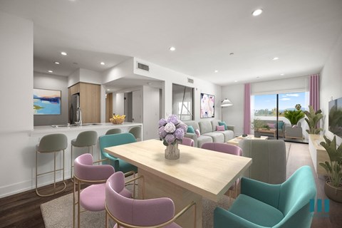 Open-Concept Kitchen, Dining, Living Room, and Patio