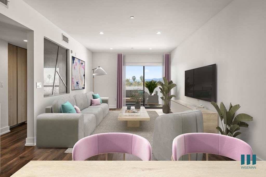 Open-Concept Dining and Living Room with Built-In Cabinets and Patio