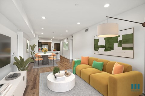 A modern living room with a yellow sofa and a white coffee table.