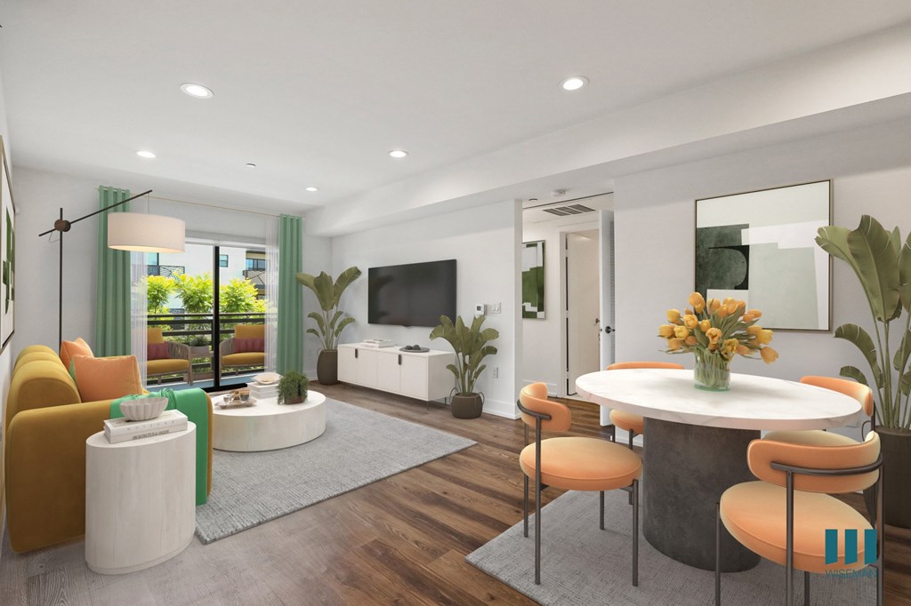 Open-Concept Dining and living Room with Patio