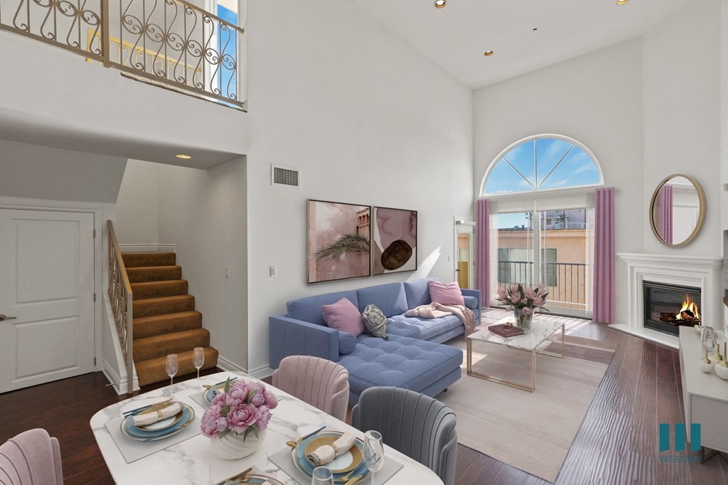 Spacious Living Room with Large-Size Windows, Balcony, Fireplace, and Vinyl Flooring