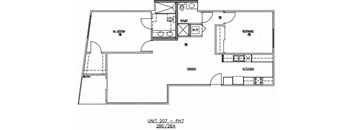 A floor plan of a unit with a kitchen, dining area and a bathroom.